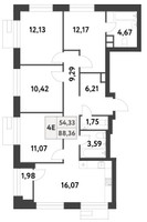 Планировка 4+ комнатной(квартира) площадью 88.4 квадратных метров в “ЖК Smart Garden (Смарт Гарден)”