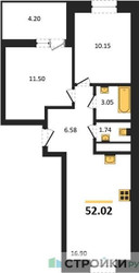 Планировка двухкомнатной(квартира) площадью 52.02 квадратных метров в ЖК “ЖК ВОСТОК II”