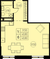 Планировка однокомнатной(квартира) площадью 40.8 квадратных метров в “ЖК 7 Небо (Седьмое Небо)”
