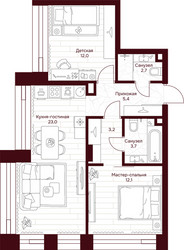 Планировка двухкомнатной(квартира) площадью 62.1 квадратных метров в ЖК “ЖК Дом 7 Даниловский”