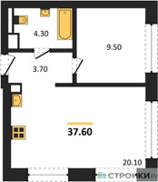 Планировка однокомнатной(квартира) площадью 37.6 квадратных метров в “ЖК Wave (Вейв)”