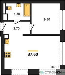 Планировка однокомнатной(квартира) площадью 37.6 квадратных метров в ЖК “ЖК Wave (Вейв)”