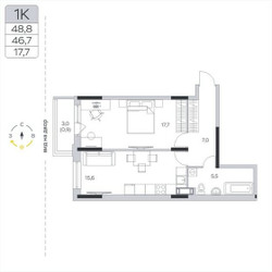 Планировка однокомнатной(квартира) площадью 46.6 квадратных метров в ЖК “ЖК Пироговская Ривьера”