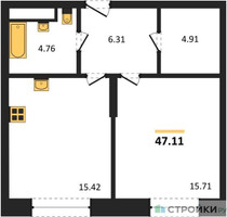 Планировка однокомнатной(квартира) площадью 47.11 квадратных метров в “ЖК Sezar City (Сезар Сити)”