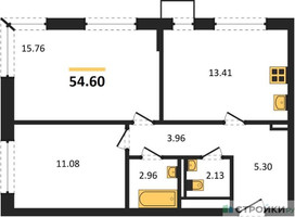 Планировка двухкомнатной(квартира) площадью 54.6 квадратных метров в “ЖК Квартал Западный”