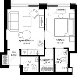 Планировка однокомнатной(квартира) площадью 37.99 квадратных метров в ЖК “ЖК Сити Бэй”