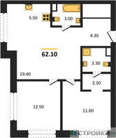 Планировка двухкомнатной(квартира) площадью 62.1 квадратных метров в “ЖК Upside Towers (Апсайд Тауэрс)”