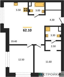 Планировка двухкомнатной(квартира) площадью 62.1 квадратных метров в ЖК “ЖК Upside Towers (Апсайд Тауэрс)”