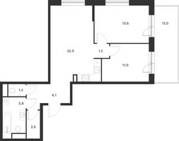 Планировка двухкомнатной(квартира) площадью 68.8 квадратных метров в “ЖК Форевиль”