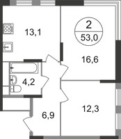 Планировка двухкомнатной(квартира) площадью 53.1 квадратных метров в “ЖК Переделкино Ближнее”