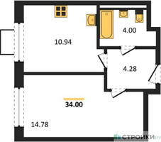 Планировка однокомнатной(квартира) площадью 34 квадратных метров в “ЖК Квартал Западный”