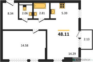 Планировка однокомнатной(квартира) площадью 48.11 квадратных метров в “ЖК Остафьево”