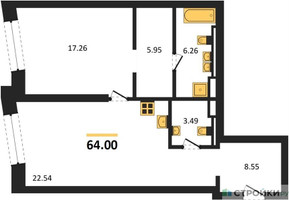 Планировка однокомнатной(квартира) площадью 64 квадратных метров в “ЖК Republic (Репаблик)”