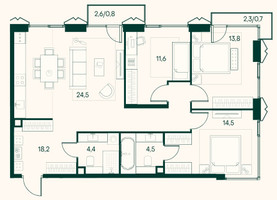 Планировка трехкомнатной(квартира) площадью 93 квадратных метров в “ЖК Клубный город на реке Primavera (Примавера)”
