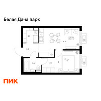Планировка однокомнатной(квартира) площадью 34.5 квадратных метров в “ЖК Белая Дача парк”