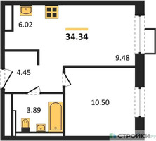 Планировка однокомнатной(квартира) площадью 34.34 квадратных метров в “ЖК Пятницкие луга”