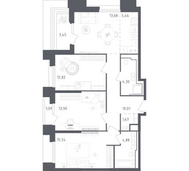 Планировка трехкомнатной(апартаменты) площадью 86.8 квадратных метров в ЖК “ЖК Скай Спутник”