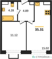 Планировка однокомнатной(апартаменты) площадью 35.31 квадратных метров в “ЖК Движение. Говорово”