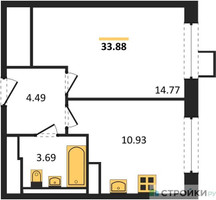 Планировка однокомнатной(квартира) площадью 33.88 квадратных метров в “ЖК Пригород Лесное”