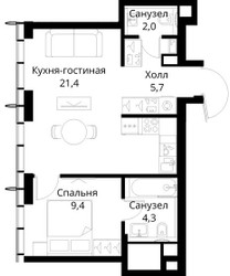 Планировка однокомнатной(квартира) площадью 42.8 квадратных метров в ЖК “ЖК Сити Бэй”