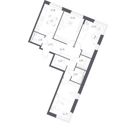 Планировка трехкомнатной(квартира) площадью 77.99 квадратных метров в ЖК “ЖК Квартал Западный”