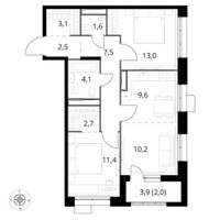 Планировка трехкомнатной(квартира) площадью 67.7 квадратных метров в “ЖК 1-й Саларьевский (Первый Саларьевский)”