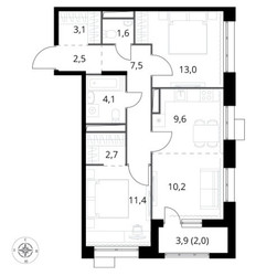 Планировка трехкомнатной(квартира) площадью 67.7 квадратных метров в ЖК “ЖК 1-й Саларьевский (Первый Саларьевский)”