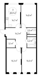Планировка трехкомнатной(квартира) площадью 83.9 квадратных метров в ЖК “ЖК Переделкино Ближнее”