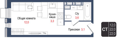 Планировка студии(квартира) площадью 22 квадратных метров в ЖК “ЖК КИНОКВАРТАЛ”