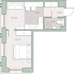 Планировка однокомнатной(квартира) площадью 33.9 квадратных метров в ЖК “ЖК Среда на Кутузовском”