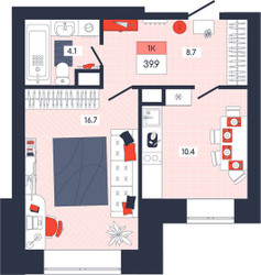Планировка однокомнатной(квартира) площадью 39.9 квадратных метров в ЖК “ЖК Феникс”