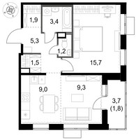 Планировка двухкомнатной(квартира) площадью 49.1 квадратных метров в “ЖК 1-й Химкинский (Первый Химкинский)”