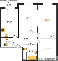 Планировка трехкомнатной(квартира) площадью 69.65 квадратных метров в ЖК “ЖК Светлый мир БиоПолис”
