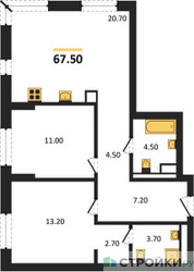 Планировка двухкомнатной(квартира) площадью 67.5 квадратных метров в ЖК “ЖК Детали”
