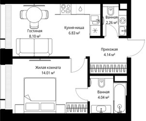 Планировка однокомнатной(квартира) площадью 39.38 квадратных метров в ЖК “ЖК Веер”