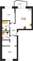 Планировка двухкомнатной(квартира) площадью 57.5 квадратных метров в ЖК “ЖК "Коллекция"”