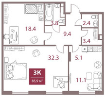 Планировка трехкомнатной(квартира) площадью 77 квадратных метров в “ЖК Legacy (Легаси)”