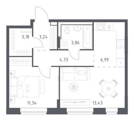 Планировка однокомнатной(квартира) площадью 46.77 квадратных метров в ЖК “ЖК Квартал Западный”