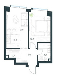 Планировка двухкомнатной(квартира) площадью 41.5 квадратных метров в ЖК “ЖК Левел Павелецкая Сити”