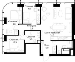 Планировка трехкомнатной(квартира) площадью 83.9 квадратных метров в “ЖК Сити Бэй”