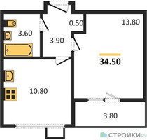 Планировка однокомнатной(квартира) площадью 34.5 квадратных метров в “ЖК Первый Лермонтовский”