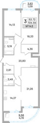 Планировка трехкомнатной(квартира) площадью 104.6 квадратных метров в ЖК “ЖК Дом‐Мегалит в Королёве”
