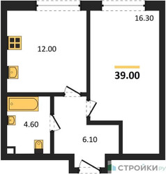 Планировка однокомнатной(квартира) площадью 39 квадратных метров в ЖК “ЖК Шагал”