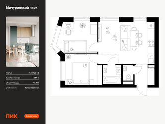 Планировка двухкомнатной(квартира) площадью 45.7 квадратных метров в ЖК “ЖК Мичуринский Парк”