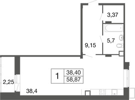 Планировка студии(квартира) площадью 58.9 квадратных метров в “ЖК Времена года”