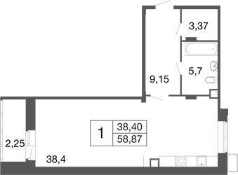 Планировка студии(квартира) площадью 58.9 квадратных метров в ЖК “ЖК Времена года”