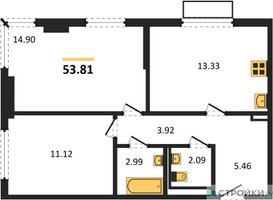 Планировка двухкомнатной(квартира) площадью 53.81 квадратных метров в “ЖК Пригород Лесное”