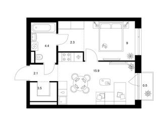 Планировка однокомнатной(квартира) площадью 37.7 квадратных метров в ЖК “ЖК Лосиноостровский парк”
