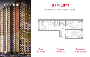 Планировка двухкомнатной(квартира) площадью 57.39 квадратных метров в “ЖК Пехра”