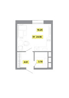 Планировка однокомнатной(квартира) площадью 24.56 квадратных метров в “ЖК Радость (Радумля Парк)”